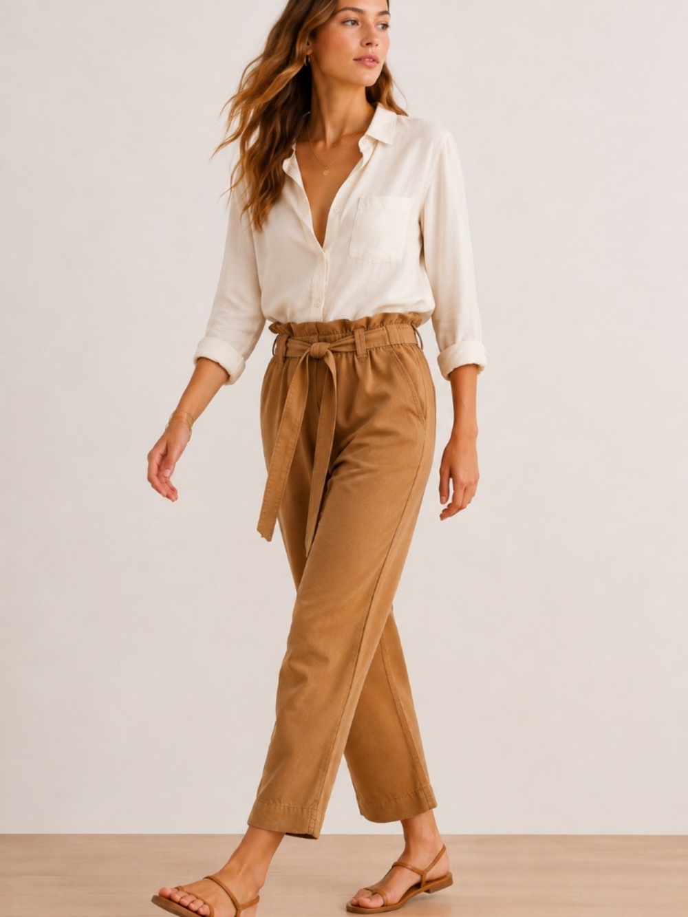 Bella Dahl XS 100% Tencel Paperbag Waist Tie Front Pants Camel